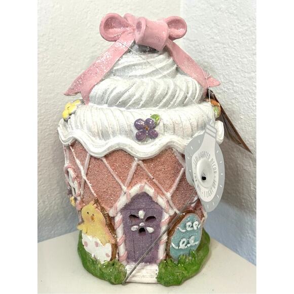 EASTER CUPCAKE Pastel Led Light-Up Gingerbread House, With Glitter and Pink Bow - Picture 1 of 6